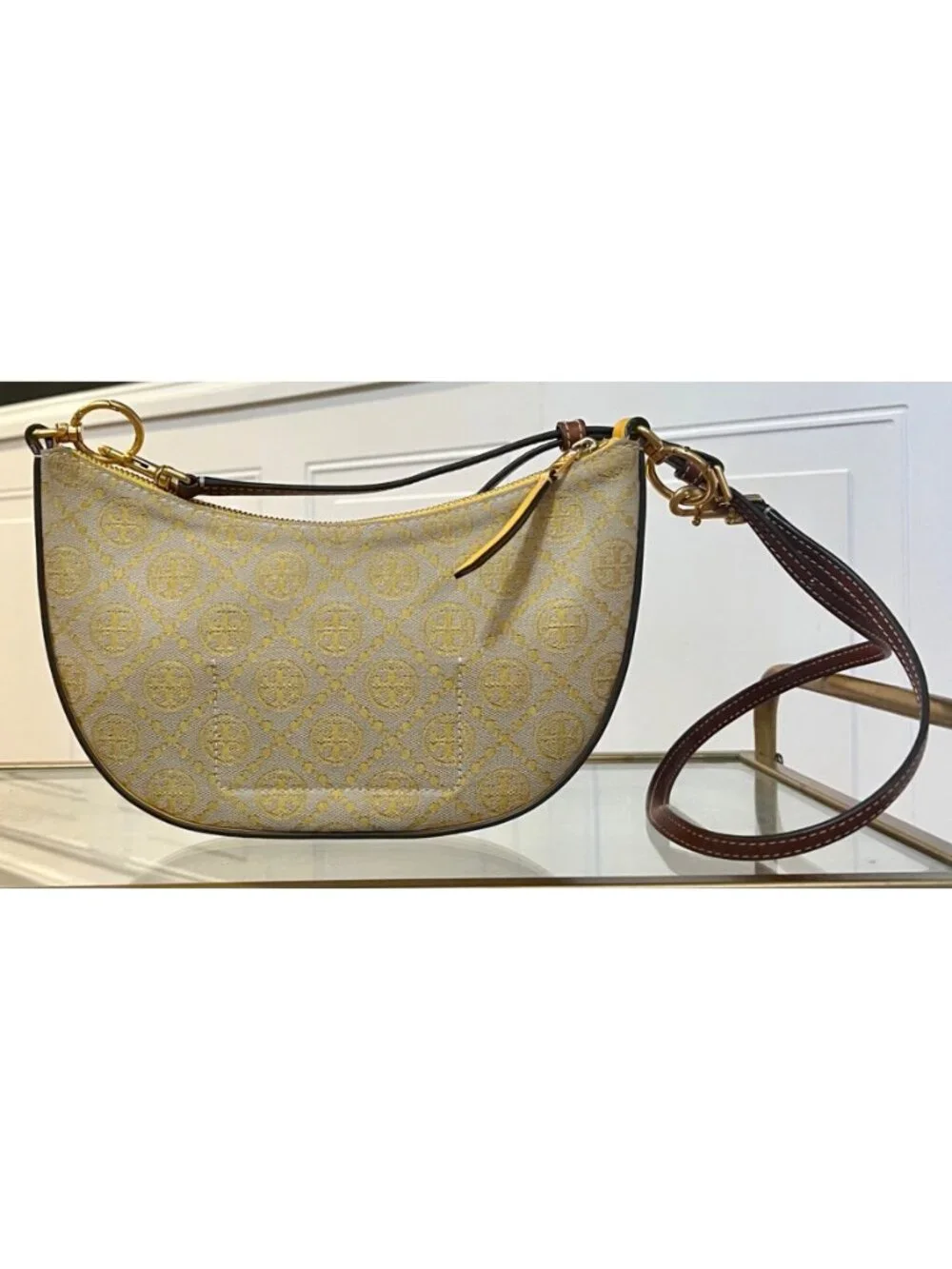 Tory Burch Monogram Half-Moon Crossbody Bag With Adjustable Strap In Yellow & Br